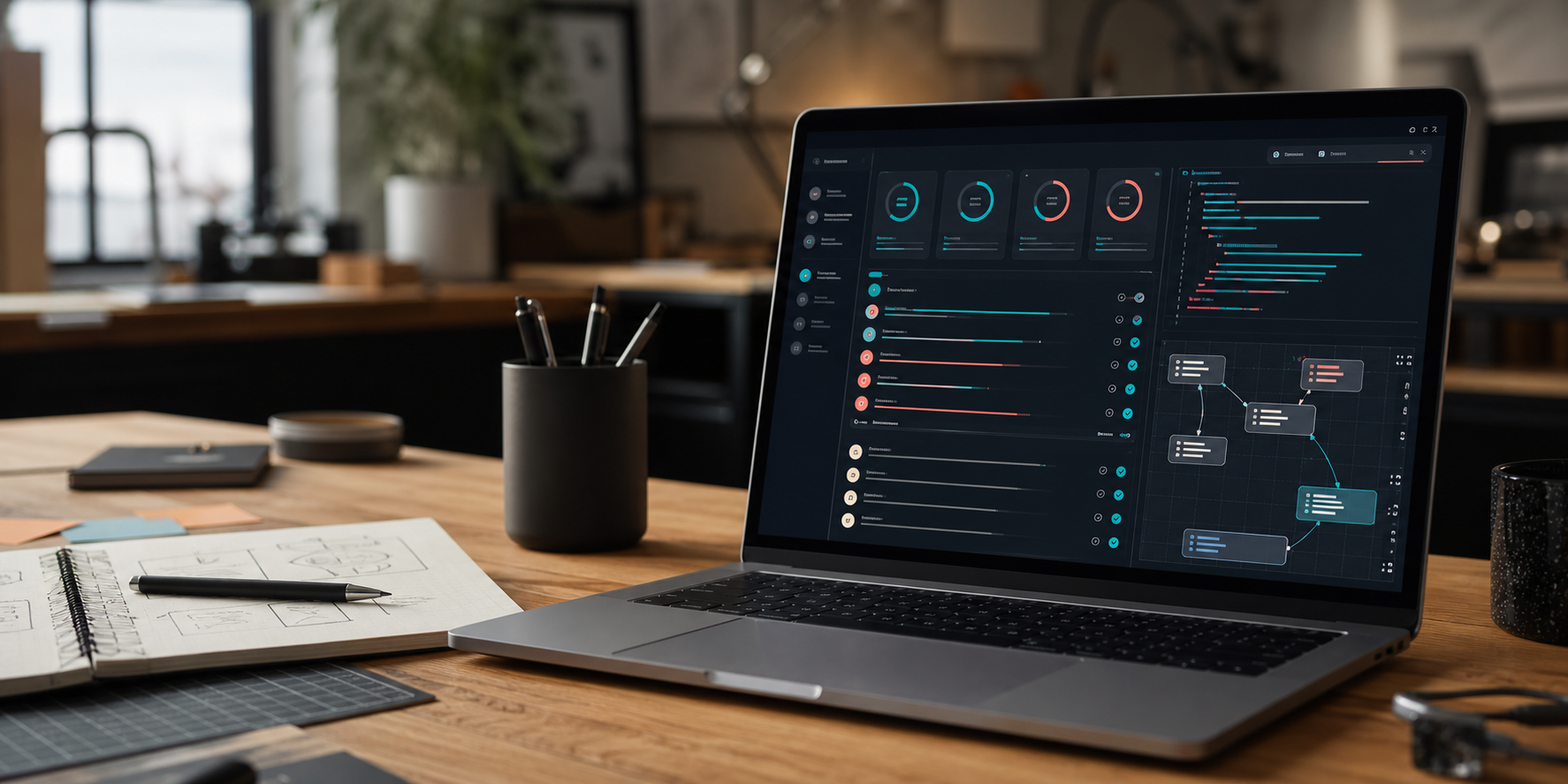 Studio MakerVibe avec ordinateur affichant un dashboard de coaching et d'app building